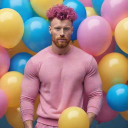 Hyperrealistic image of a huge muscular male model in his 20s with freckles, magenta curly pompadour hair, magenta Garibaldi beard, and blue eyes. He's wearing skinny pink leather clothes and sneakers, surrounded by yellow and blue balloons.