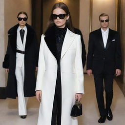 Russian mafia-esque, Gucci-style luxury fashion, rendered entirely in striking shades of black and white. Picture black fur coats, white satin shirts, dark tailored suits and monochrome statement accessories.