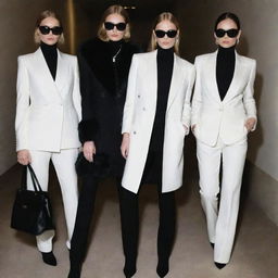 Russian mafia-esque, Gucci-style luxury fashion, rendered entirely in striking shades of black and white. Picture black fur coats, white satin shirts, dark tailored suits and monochrome statement accessories.