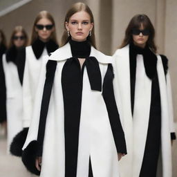 Russian mafia-esque, Gucci-style luxury fashion, rendered entirely in striking shades of black and white. Picture black fur coats, white satin shirts, dark tailored suits and monochrome statement accessories.