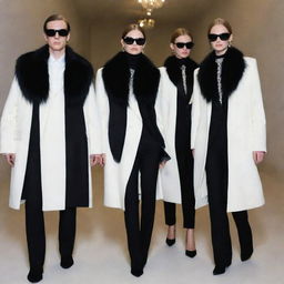 Russian mafia-esque, Gucci-style luxury fashion, rendered entirely in striking shades of black and white. Picture black fur coats, white satin shirts, dark tailored suits and monochrome statement accessories.