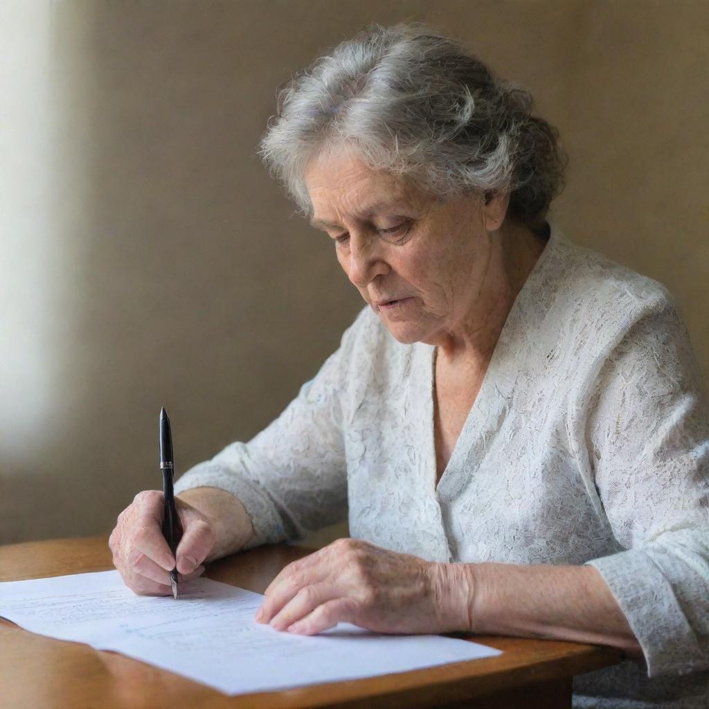 Shirley Touldon engrossed in writing a poem, with a pen in her hand and a piece of paper in front of her