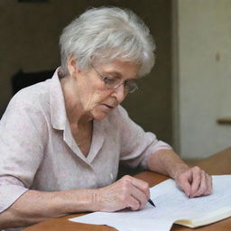 Shirley Touldon engrossed in writing a poem, with a pen in her hand and a piece of paper in front of her