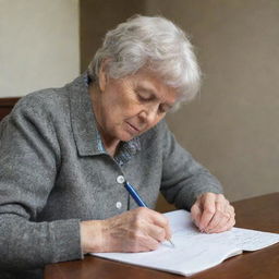 Shirley Touldon engrossed in writing a poem, with a pen in her hand and a piece of paper in front of her