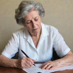 Shirley Touldon engrossed in writing a poem, with a pen in her hand and a piece of paper in front of her