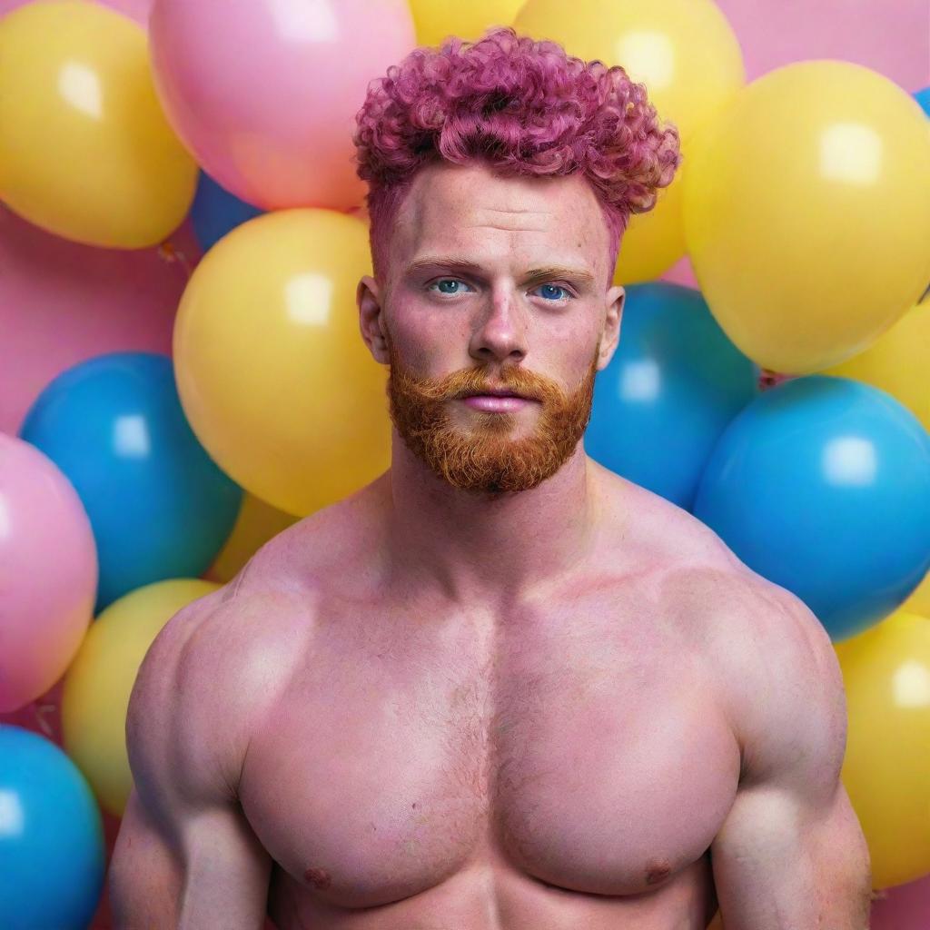 Hyperrealistic image of a huge muscular male model in his 20s with freckles, magenta curly pompadour hair, magenta Garibaldi beard, and blue eyes. He's dressed in skinny pink leather, surrounded by yellow and blue balloons.