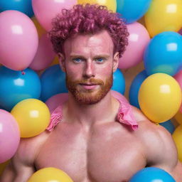 Hyperrealistic image of a huge muscular male model in his 20s with freckles, magenta curly pompadour hair, magenta Garibaldi beard, and blue eyes. He's dressed in skinny pink leather, surrounded by yellow and blue balloons.