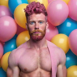 Hyperrealistic image of a huge muscular male model in his 20s with freckles, magenta curly pompadour hair, magenta Garibaldi beard, and blue eyes. He's dressed in skinny pink leather, surrounded by yellow and blue balloons.