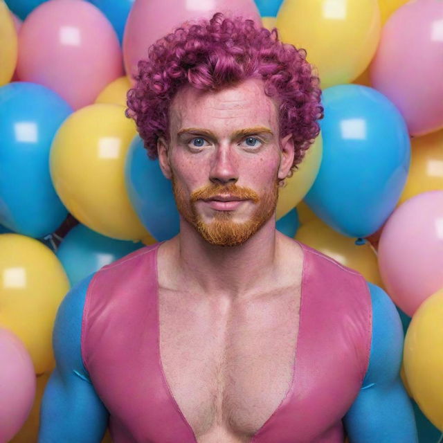 Hyperrealistic image of a huge muscular male model in his 20s with freckles, magenta curly pompadour hair, magenta Garibaldi beard, and blue eyes. He's dressed in skinny pink leather, surrounded by yellow and blue balloons.