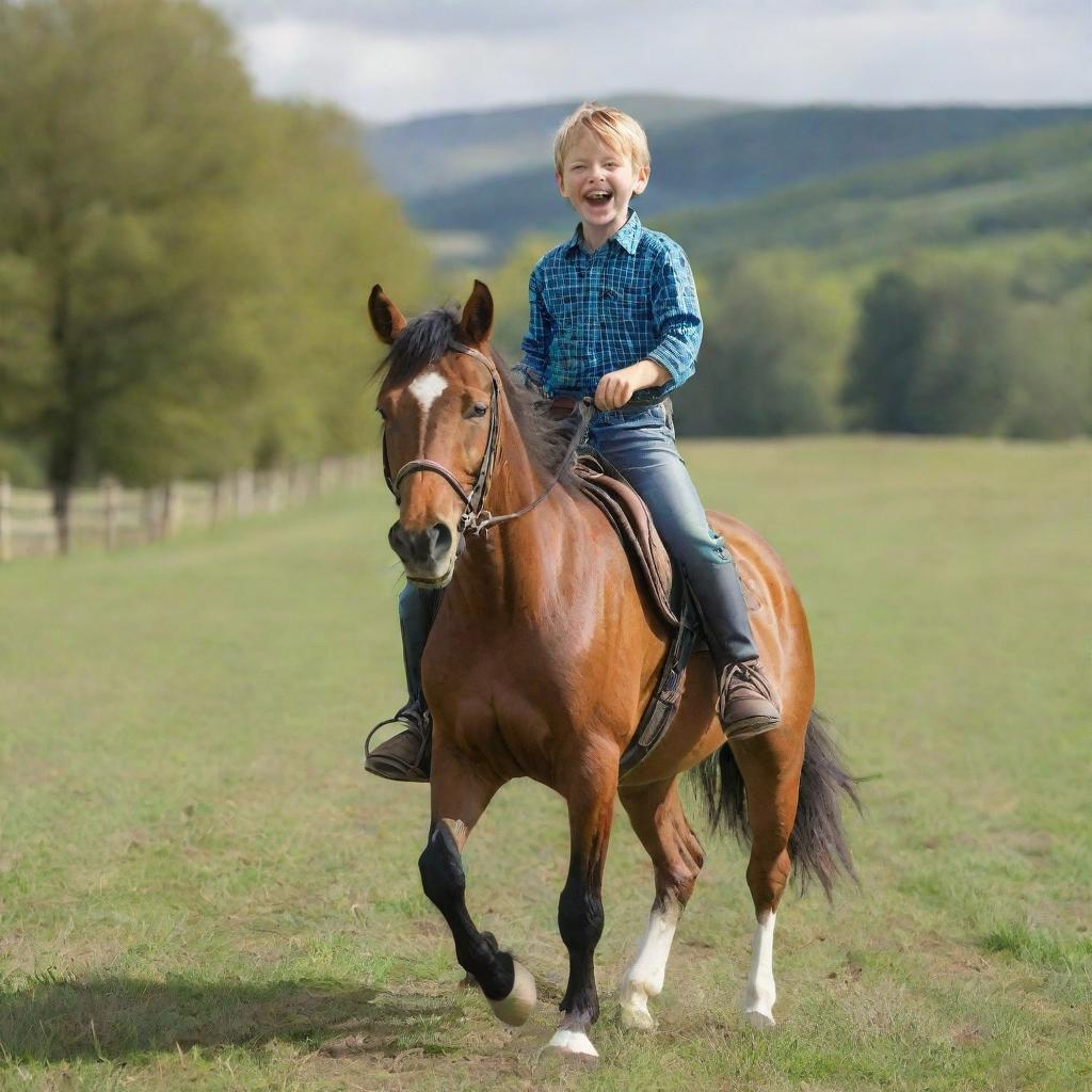 A lively six-year-old boy gleefully riding a strong, majestic horse in a vibrant countryside setting.