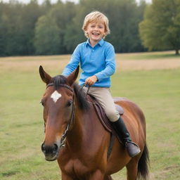 A lively six-year-old boy gleefully riding a strong, majestic horse in a vibrant countryside setting.