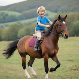 A lively six-year-old boy gleefully riding a strong, majestic horse in a vibrant countryside setting.