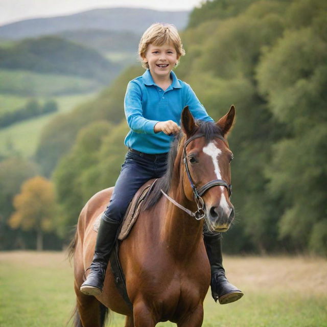 A lively six-year-old boy gleefully riding a strong, majestic horse in a vibrant countryside setting.