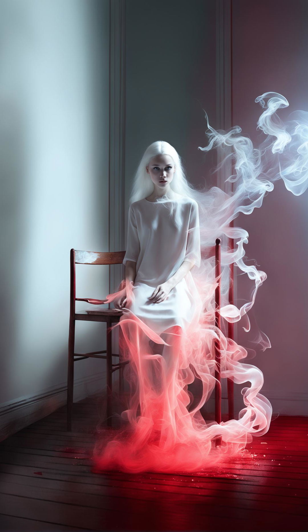 Albino girl in white dress in a minimalist room with theatrical lighting and eerie red smoke swirling around her.