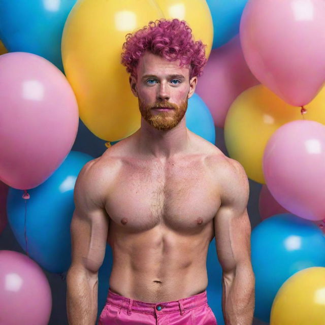 Hyperrealistic image of a muscular male model in his 20s with freckles, magenta curly pompadour hair, magenta Garibaldi beard, and blue eyes. He's wearing skinny pink leather shorts, surrounded by yellow and blue balloons.