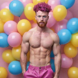 Hyperrealistic image of a muscular male model in his 20s with freckles, magenta curly pompadour hair, magenta Garibaldi beard, and blue eyes. He's wearing skinny pink leather shorts, surrounded by yellow and blue balloons.