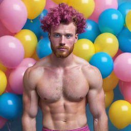 Hyperrealistic image of a muscular male model in his 20s with freckles, magenta curly pompadour hair, magenta Garibaldi beard, and blue eyes. He's wearing skinny pink leather shorts, surrounded by yellow and blue balloons.