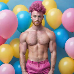 Hyperrealistic image of a muscular male model in his 20s with freckles, magenta curly pompadour hair, magenta Garibaldi beard, and blue eyes. He's wearing skinny pink leather shorts, surrounded by yellow and blue balloons.