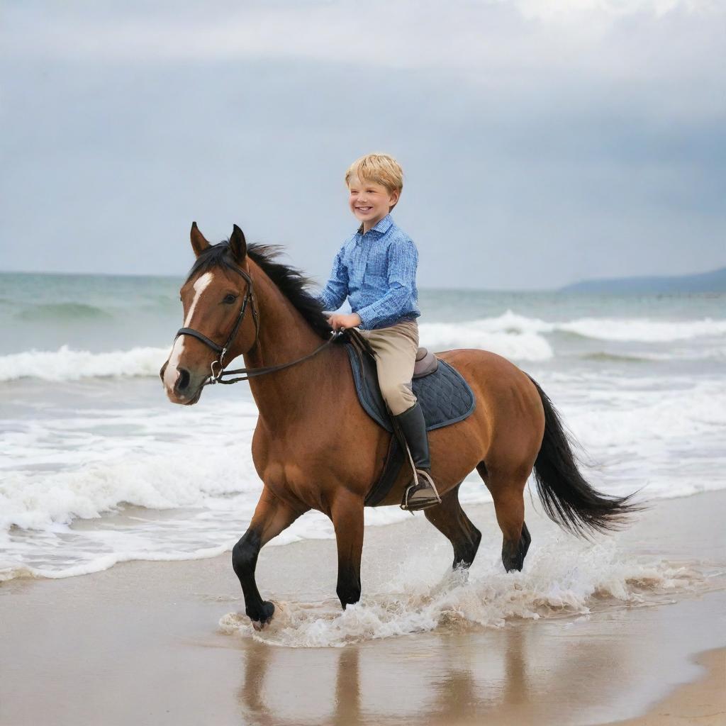 A joyful six-year-old boy riding a noble horse along a serene, sandy beach with waves gently lapping on the shore.