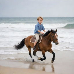 A joyful six-year-old boy riding a noble horse along a serene, sandy beach with waves gently lapping on the shore.