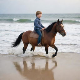 A joyful six-year-old boy riding a noble horse along a serene, sandy beach with waves gently lapping on the shore.