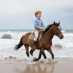 A joyful six-year-old boy riding a noble horse along a serene, sandy beach with waves gently lapping on the shore.