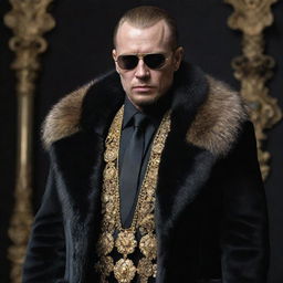 Refine the 'Grim' outfit design, making it more opulent and elaborate. Include identifiable elements of Russian gangster stylings, like fur trimmings, heavy gold jewelry, and sharp tailoring, while maintaining a dominant dark color palette.