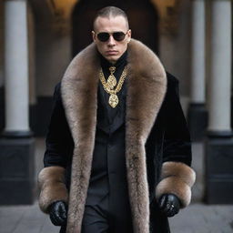 Refine the 'Grim' outfit design, making it more opulent and elaborate. Include identifiable elements of Russian gangster stylings, like fur trimmings, heavy gold jewelry, and sharp tailoring, while maintaining a dominant dark color palette.