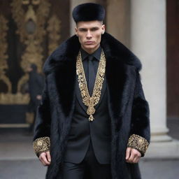 Refine the 'Grim' outfit design, making it more opulent and elaborate. Include identifiable elements of Russian gangster stylings, like fur trimmings, heavy gold jewelry, and sharp tailoring, while maintaining a dominant dark color palette.