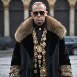 Refine the 'Grim' outfit design, making it more opulent and elaborate. Include identifiable elements of Russian gangster stylings, like fur trimmings, heavy gold jewelry, and sharp tailoring, while maintaining a dominant dark color palette.