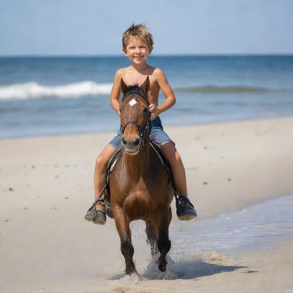 A cheerful six-year-old boy riding a powerful horse along a peaceful sandy beach, the boy is without a shirt, feeling the warm wind against his skin.