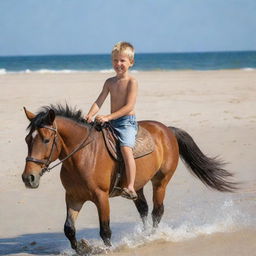 A cheerful six-year-old boy riding a powerful horse along a peaceful sandy beach, the boy is without a shirt, feeling the warm wind against his skin.