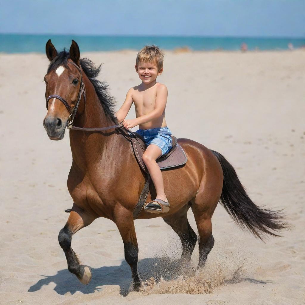 A cheerful six-year-old boy riding a powerful horse along a peaceful sandy beach, the boy is without a shirt, feeling the warm wind against his skin.