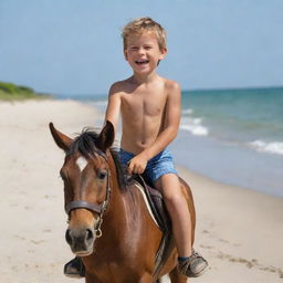 A cheerful six-year-old boy riding a powerful horse along a peaceful sandy beach, the boy is without a shirt, feeling the warm wind against his skin.