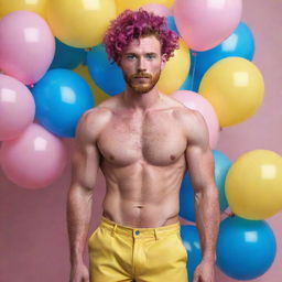 Hyperrealistic image of a muscular male model in his 20s with freckles, magenta curly pompadour hair, magenta Garibaldi beard, and blue eyes. He's wearing skinny pink leather shorts, surrounded by yellow and blue balloons.