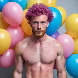 Hyperrealistic image of a muscular male model in his 20s with freckles, magenta curly pompadour hair, magenta Garibaldi beard, and blue eyes. He's wearing skinny pink leather shorts, surrounded by yellow and blue balloons.