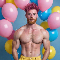 Hyperrealistic image of a muscular male model in his 20s with freckles, magenta curly pompadour hair, magenta Garibaldi beard, and blue eyes. He's wearing skinny pink leather shorts, surrounded by yellow and blue balloons.