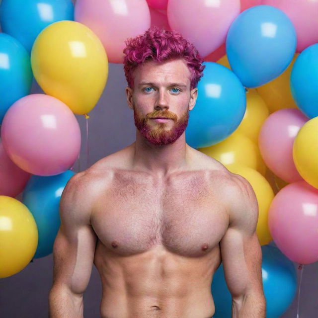 Hyperrealistic image of a muscular male model in his 20s with freckles, magenta curly pompadour hair, magenta Garibaldi beard, and blue eyes. He's wearing skinny pink leather shorts, surrounded by yellow and blue balloons.