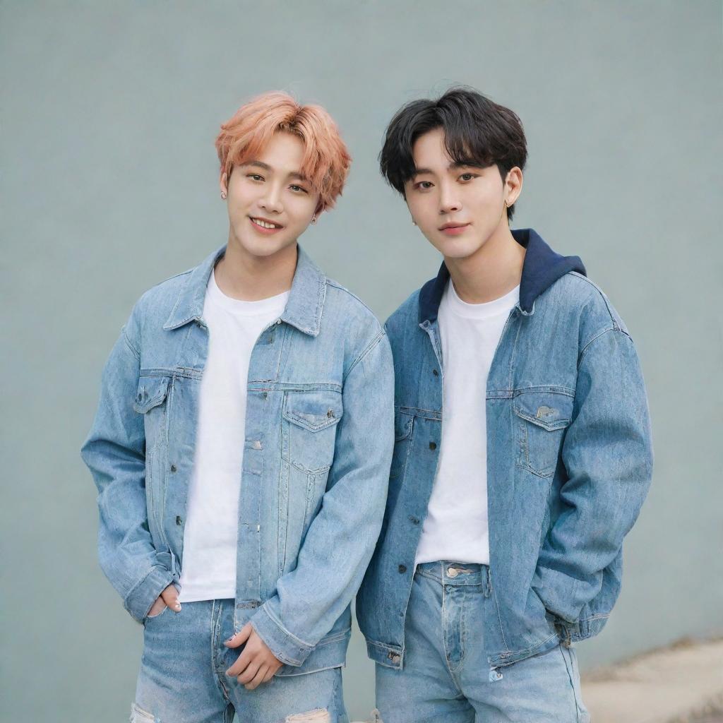 Bang Chan and Yeji enjoying a friendly interaction, both styled in their signature casual and stylish K-pop idol attire, under a clear day light setting.