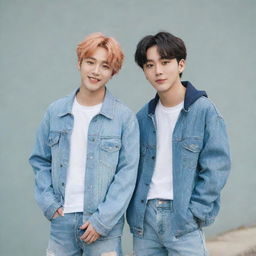 Bang Chan and Yeji enjoying a friendly interaction, both styled in their signature casual and stylish K-pop idol attire, under a clear day light setting.