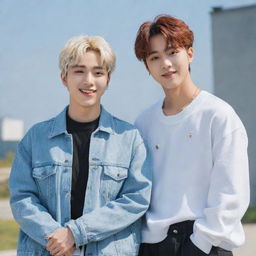 Bang Chan and Yeji enjoying a friendly interaction, both styled in their signature casual and stylish K-pop idol attire, under a clear day light setting.