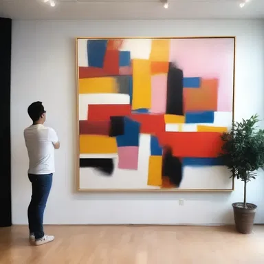 The artist decided to unclip the abstract painting from the gallery wall to reposition it for better visibility.