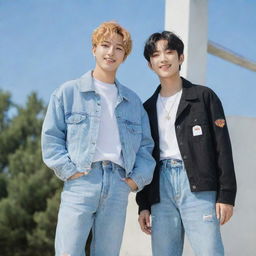 Bang Chan and Yeji enjoying a friendly interaction, both styled in their signature casual and stylish K-pop idol attire, under a clear day light setting.