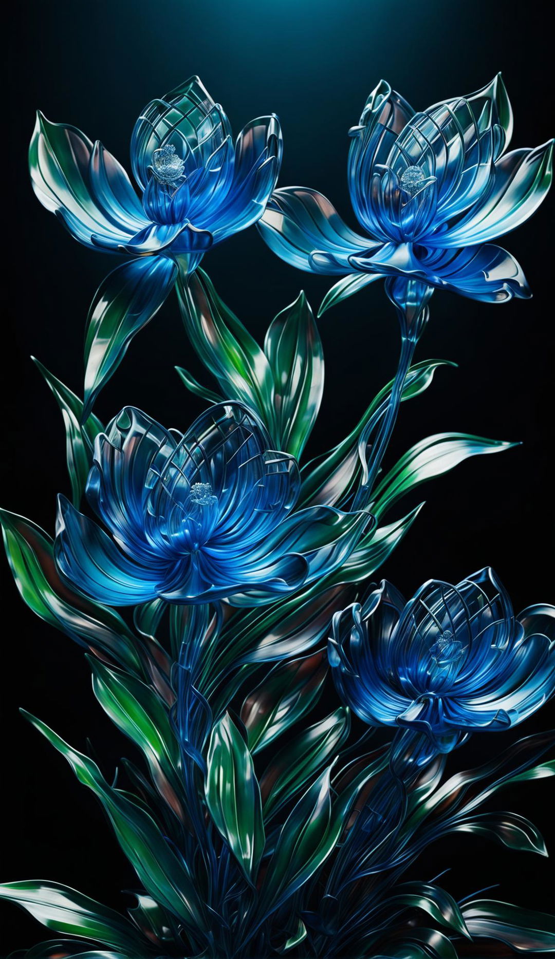 Hyper-realistic digital art of a garden of vibrant blue glass flowers with organic twists and immersive detail.