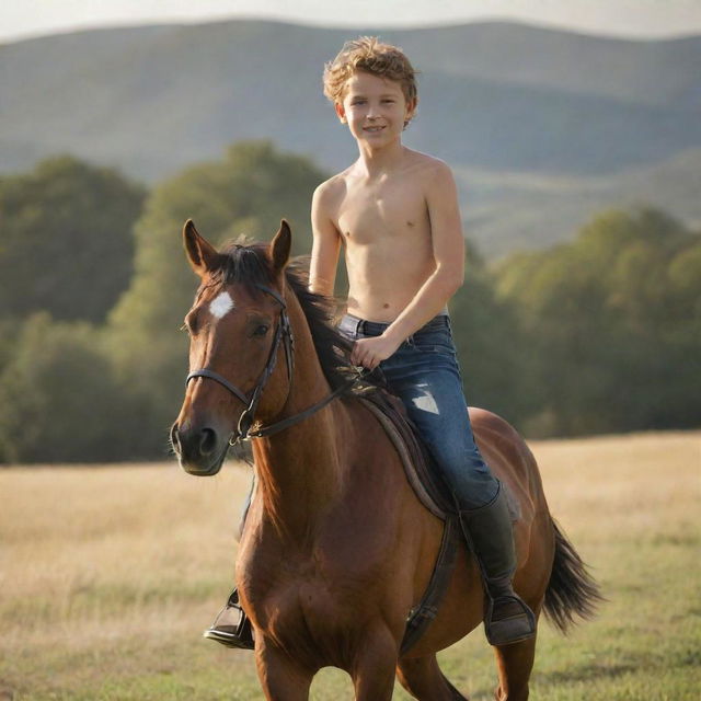 A shirtless twelve-year-old boy feeling the radiance of the sun while galloping confidently on a majestic horse in an open field.