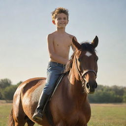 A shirtless twelve-year-old boy feeling the radiance of the sun while galloping confidently on a majestic horse in an open field.