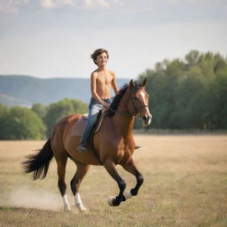 A shirtless twelve-year-old boy feeling the radiance of the sun while galloping confidently on a majestic horse in an open field.