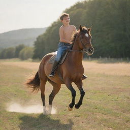 A shirtless twelve-year-old boy feeling the radiance of the sun while galloping confidently on a majestic horse in an open field.