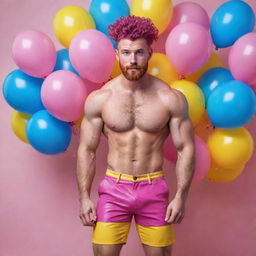 Hyperrealistic image of a muscular male model in his 20s with freckles, magenta curly pompadour hair, magenta Garibaldi beard, blue eyes, in a dynamic pose wearing skinny pink leather shorts, surrounded by yellow and blue balloons.