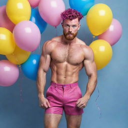 Hyperrealistic image of a muscular male model in his 20s with freckles, magenta curly pompadour hair, magenta Garibaldi beard, blue eyes, in a dynamic pose wearing skinny pink leather shorts, surrounded by yellow and blue balloons.